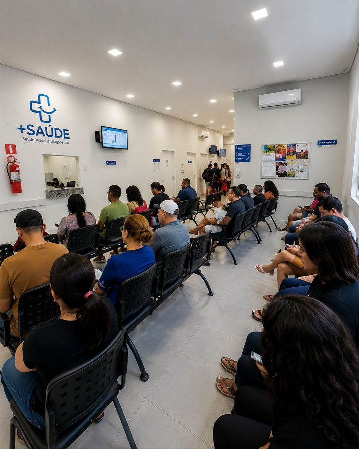 Sala de espera da Clínica +Saúde cheia de pacientes