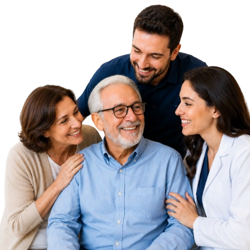 Família sorrindo com atendimento especializado da Clínica +Saúde